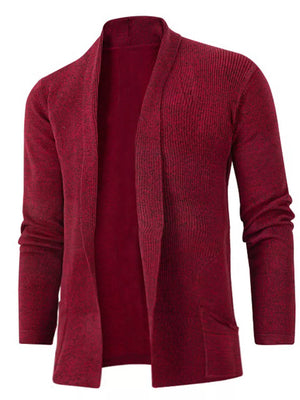 Men's classic open-front cardigan in wine red with ribbed texture and side pockets.