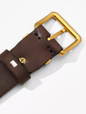 Brown cowhide leather belt with gold buckle and accents