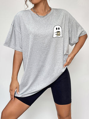 Grey graphic t-shirt with a coffee ghost design on the chest, crew neck, short sleeves.