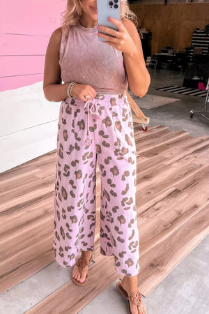 Drawstring Leopard Print Patch Pocket Pants in Dusty Pink, side view