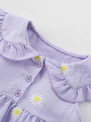 Lavender cotton dress with Peter Pan collar, daisy embroidery, and button front.