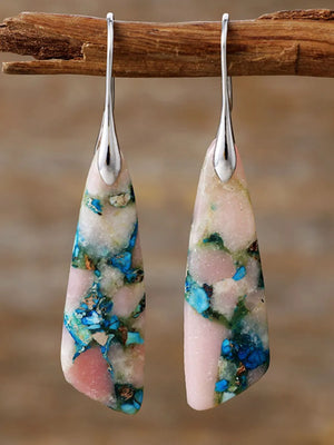 Teardrop earrings with pink stone and blue turquoise inlay, silver-tone hooks
