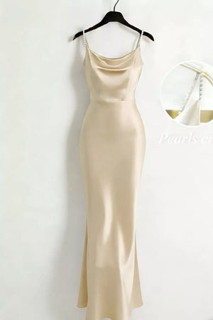 Satin maxi dress in Khaki with cowl neck and pearl-embellished straps.