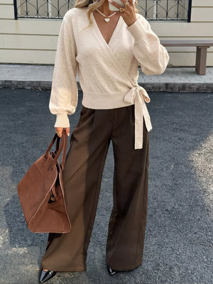 Tied Surplice Long Sleeve Sweater, fabric detail