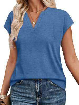 Blue heathered short-sleeve t-shirt with notched V-neck and relaxed fit.