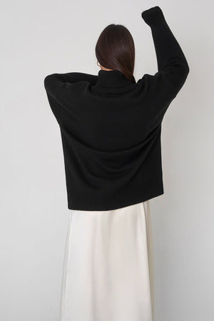 Black relaxed roll-neck sweater with boxy fit and ribbed details.