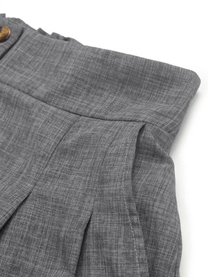 Gray linen high-waisted shorts with pleats and button detail