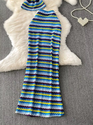 Chevron knit halter crop top and maxi skirt set in blue and yellow zigzag pattern