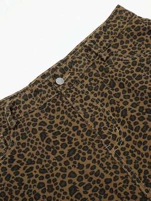 Men's brown leopard print wide-leg capris with button closure and contrast stitching.