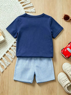Baby boys navy tee and blue gingham shorts set