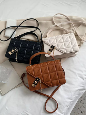 Diamond quilted PU leather crossbody bag in black, caramel, and beige white with gold chain detail.