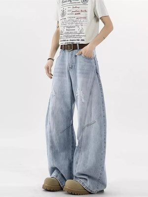 Light blue distressed wide-leg jeans with belt detail
