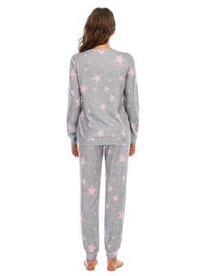 Heather Gray knit loungewear set with pink stars, crew neck top and jogger pants.