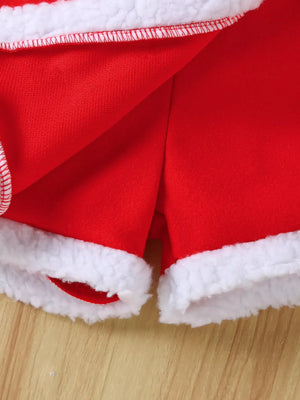 Red baby outfit with white fuzzy trim, ribbed texture, and festive holiday style.