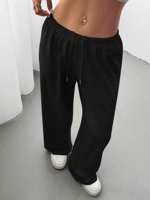 Black casual wide-leg drawstring maternity pants with a relaxed fit.