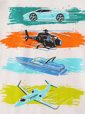 Toddler t-shirt with air, land, and sea vehicles print on colorful stripes.