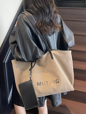 Casual Canvas Tote Shoulder Bag in Tan, close-up detail