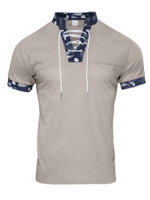 Men's Khaki T-shirt with lace-up collar and paisley trim details.