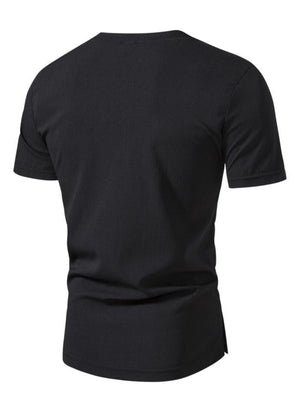 Black cotton casual t-shirt with short sleeves and a crew neck.