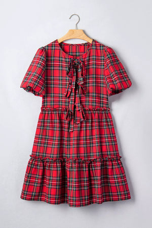 Plaid Knot Neck Short Sleeve Mini Dress in Burgundy, model styling view