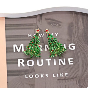 Festive holiday tree charm drop earrings with red beads and gold stars.