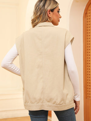 Khaki utility denim vest with collar and buttoned front, shown from the back.