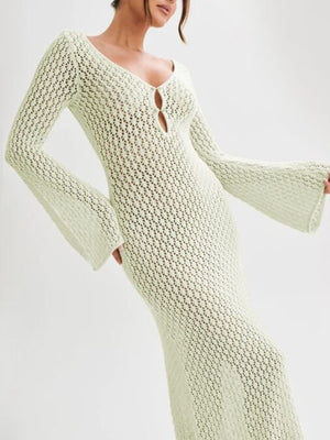 Open-weave maxi cover-up dress in light green with button detail and bell sleeves.