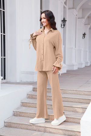 Textured tie-sleeve co-ord set in Tan, featuring a button-up shirt and wide-leg pants.
