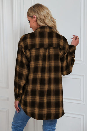 Dreamer Plaid Drop-Shoulder Jacket in Caramel with buttoned cuffs.