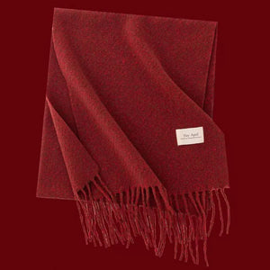 Cozy red plaid scarf with fringe detail and a small white tag.