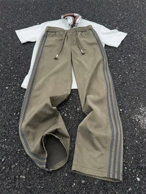 Men's Plus Size Casual Striped Wide-leg Pants in Black, front view