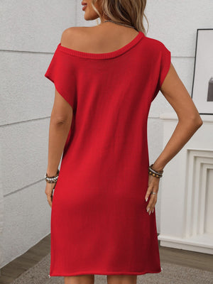 Off-the-shoulder knit shift dress in deep red with short sleeves.