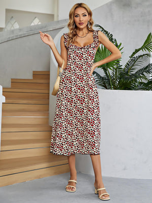 Leopard print midi dress in deep red with ruffle straps and a sweetheart neckline.