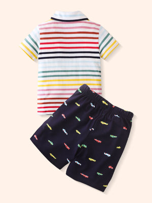 Striped polo shirt and navy car print shorts toddler set
