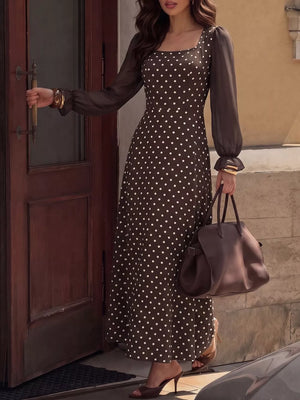 Polka Dot Square Neck Long Sleeve Maxi Dress in Brown, front view