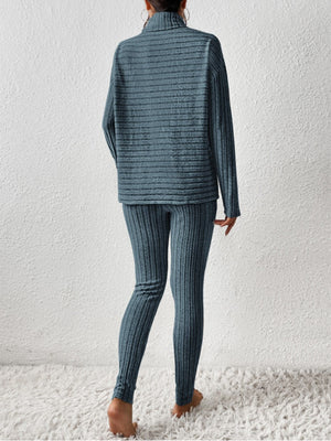 Deep Teal textured turtleneck lounge set with ribbed leggings.
