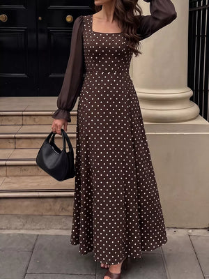 Polka Dot Square Neck Long Sleeve Maxi Dress in Brown, close-up detail