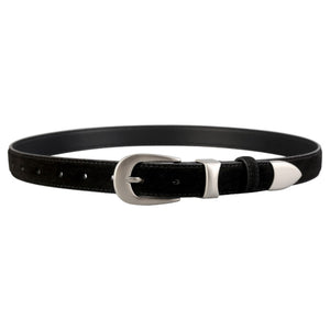 Black suede leather belt with silver buckle and tip