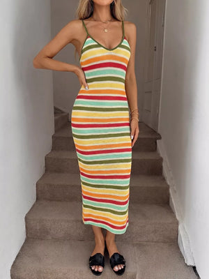 Vibrant striped bodycon midi dress with spaghetti straps and a V-neck.