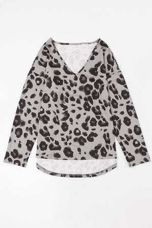 Relaxed fit leopard print v-neck top in dark gray with long sleeves.