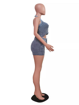 Blue striped halter top and shorts sweater set with cut-out detail