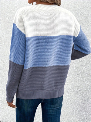 Colorblock ribbed knit sweater with boatneck in white, light blue, and dark gray.