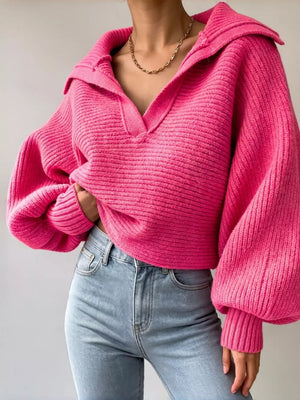 Oversized Collar Ribbed Cropped Sweater in Gray, back view