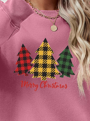 Plaid tree graphic crewneck sweatshirt in pink with Merry Christmas text.