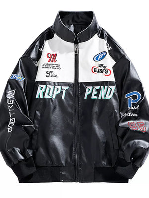 Black and white racing jacket with embroidered patches and lettering.