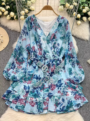 Light blue floral print wrap mini dress with ruffled hem and belt