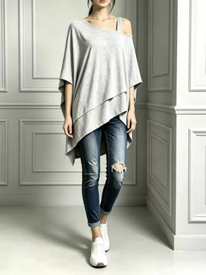 Full Size Asymmetrical Neck Short Sleeve T-shirt Plus Size in Navy, close-up detail