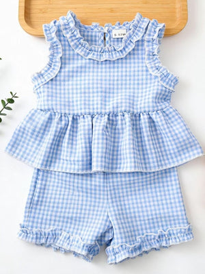 Children's light blue gingham ruffle two-piece set with peplum top and ruffled shorts.