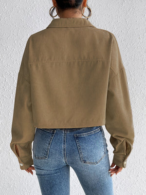 Cropped taupe corduroy jacket with snap cuffs and collar, shown from the back.