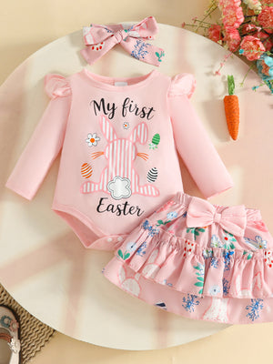 Pink baby Easter bunny outfit with ruffled skirt and bow headband